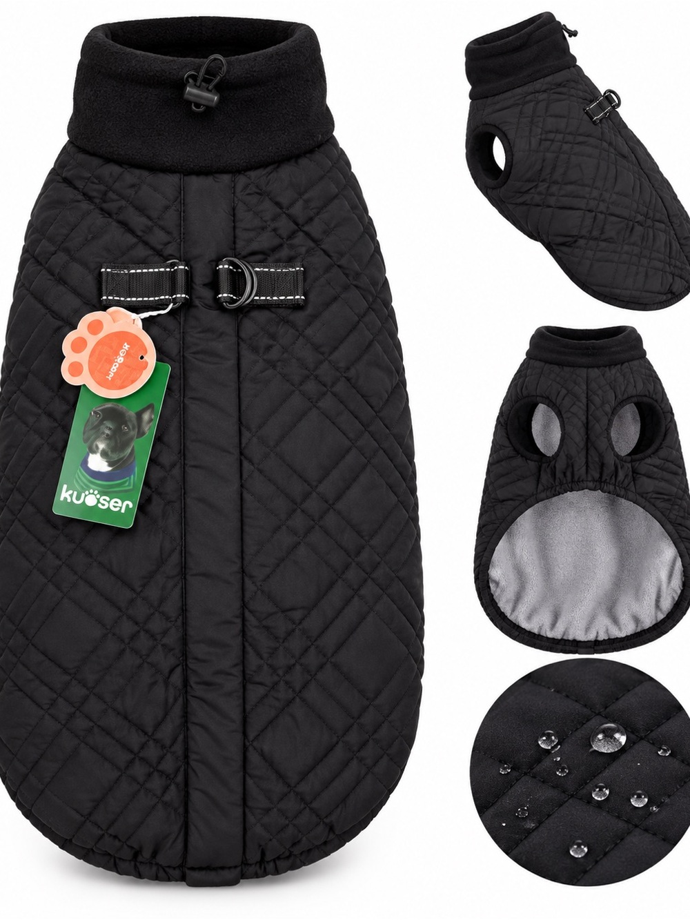 Kuoser Waterproof Dog Coat, Warm Reversible Dog Jacket with Leash Hole Soft Cozy